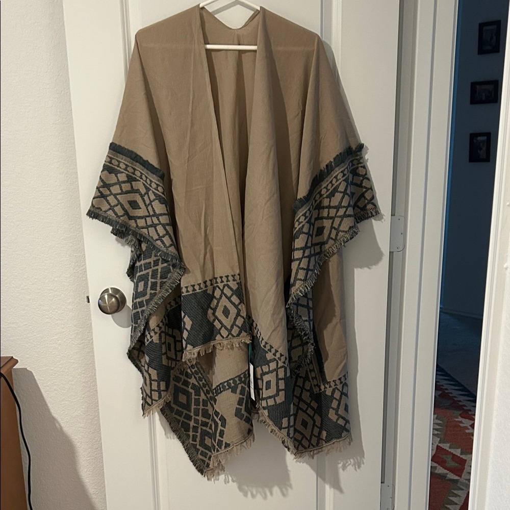 Beige Fringe Poncho with Dark Gray Geometric Border